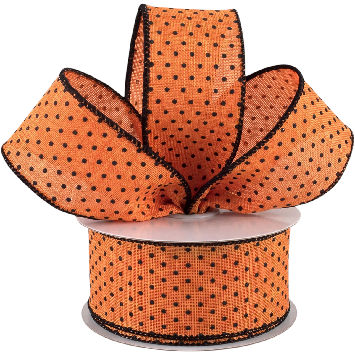 The Matthew John Collective orange royal canvas ribbon with black raised swiss dots and black stitched wired edges.