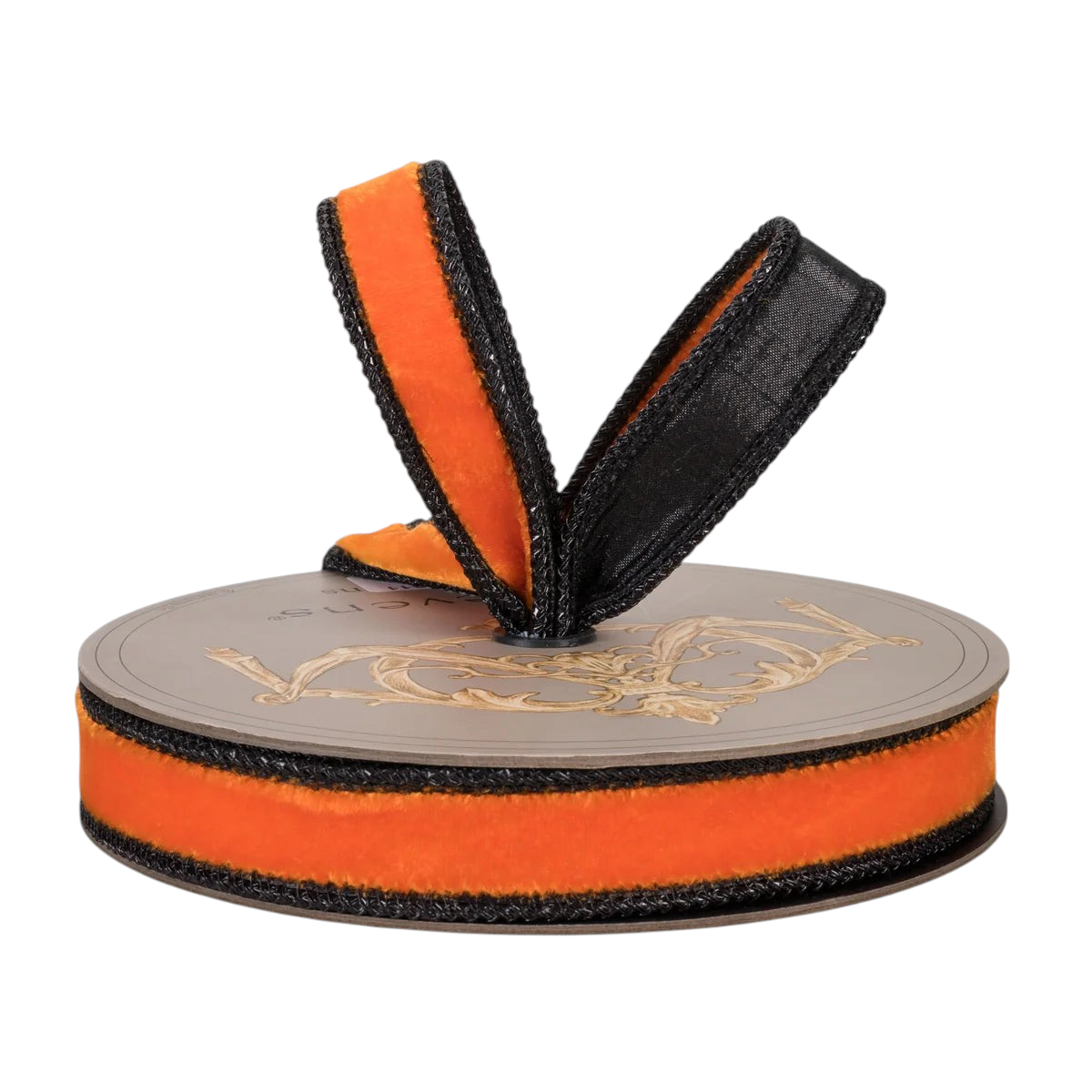 The Matthew John Collective D. Stevens orange velvet and black metallic dupioni wired ribbon with braided trim on spool