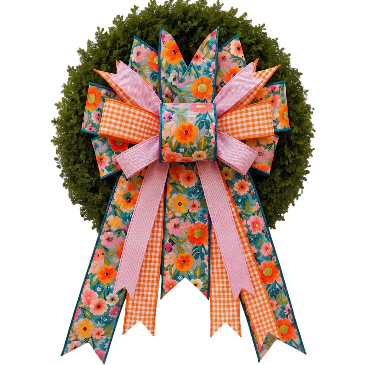 The Matthew John Collective Luxe Orange Blossom Bow featuring floral, orange plaid, and lavender ribbons on a wreath.