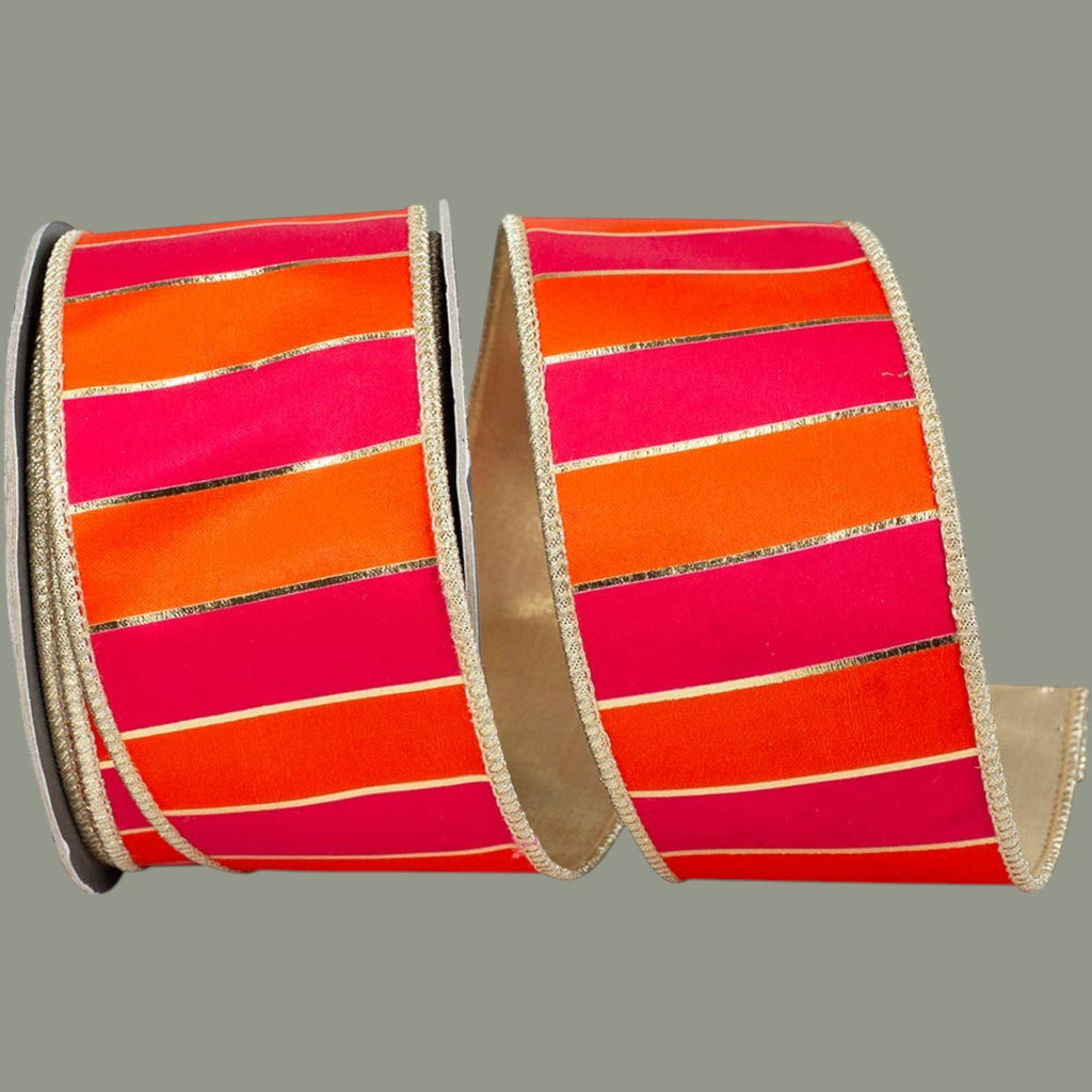 The Matthew John Collective 2.5-inch orange and fuchsia striped polyester ribbon with metallic gold edge trim.