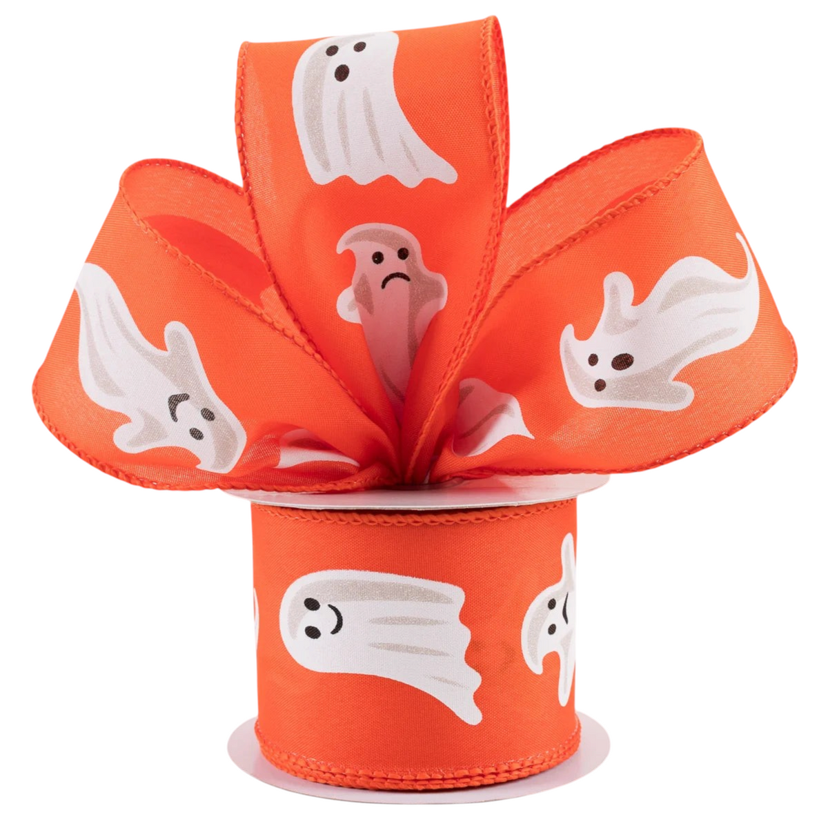 The Matthew John Collective orange canvas ribbon featuring white ghost prints and wired edges for Halloween decor.