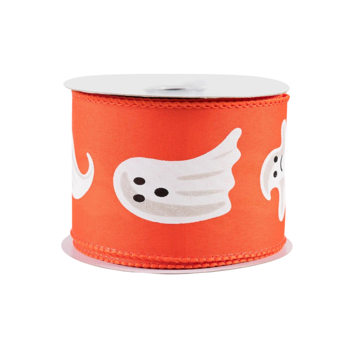 The Matthew John Collective orange canvas ribbon with white ghost print and wired edges for Halloween crafting