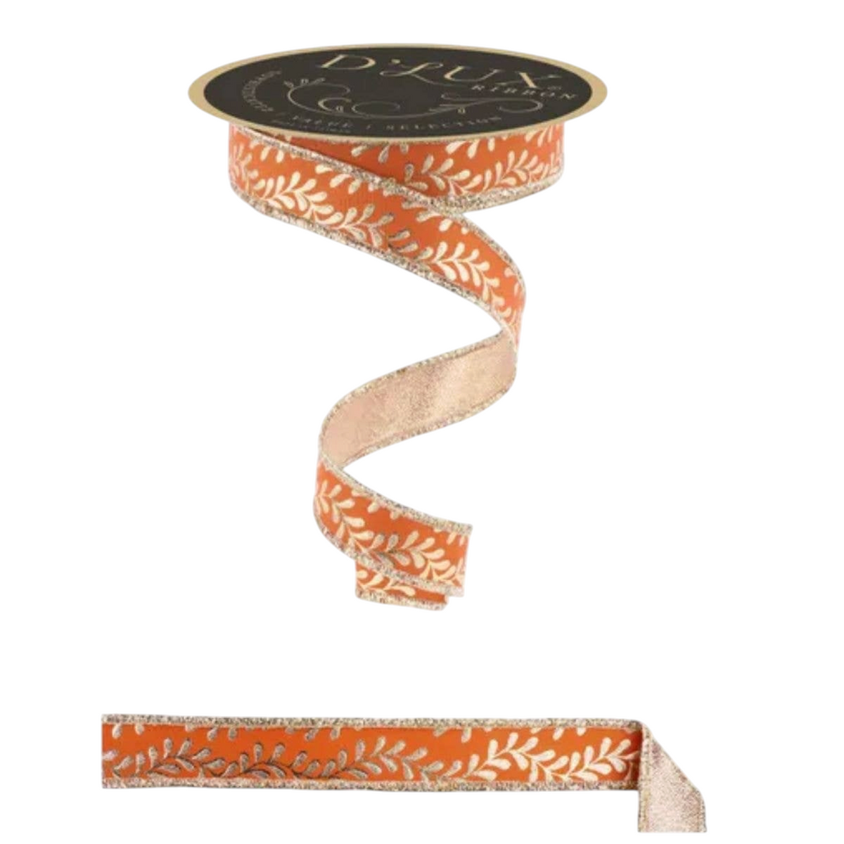 The Matthew John Collective orange ribbon with metallic gold foil leaf pattern and gold edging for fall crafts.