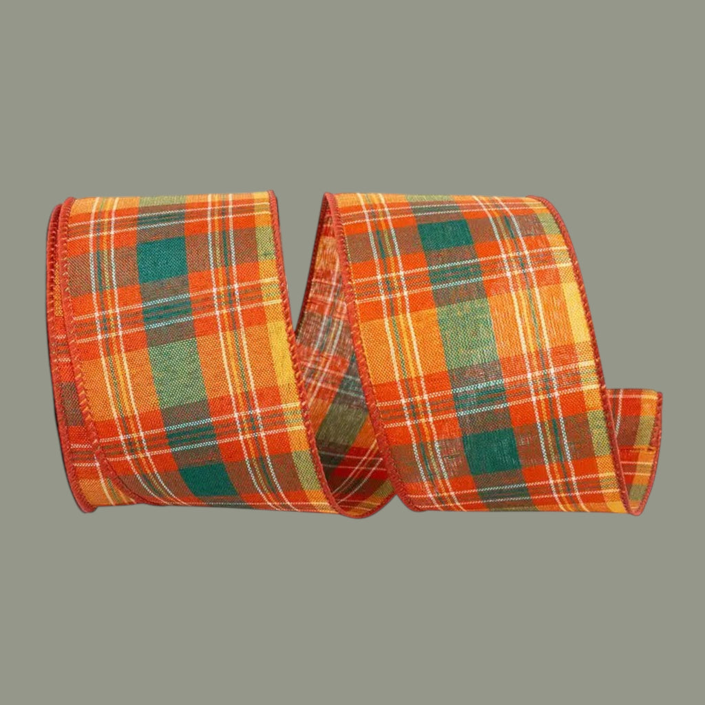 The Matthew John Collective 2.5-inch orange and green plaid wired polyester ribbon for autumn seasonal decor