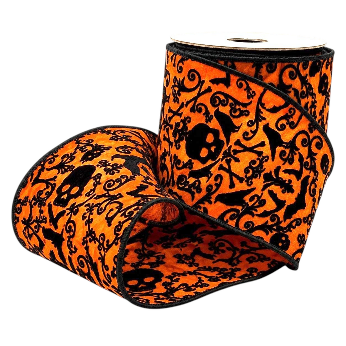 The Matthew John Collective orange dupioni ribbon with black flocked skulls, bats, and vines for Halloween decorating.