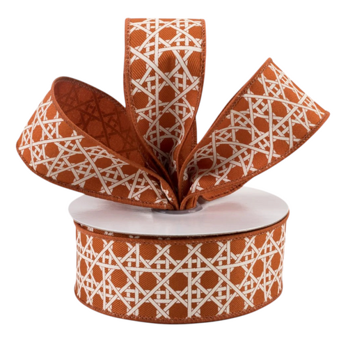 The Matthew John Collective orange and ivory basket weave wired ribbon for fall wreaths and seasonal decor