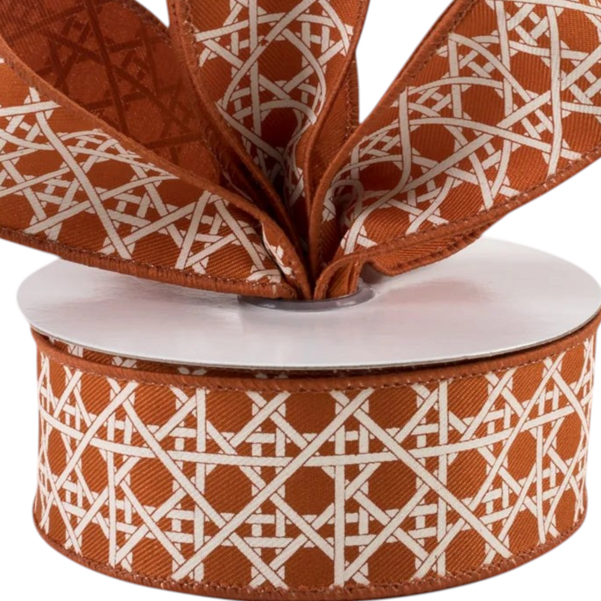 The Matthew John Collective orange and ivory basket weave wired ribbon for fall wreaths and seasonal decor