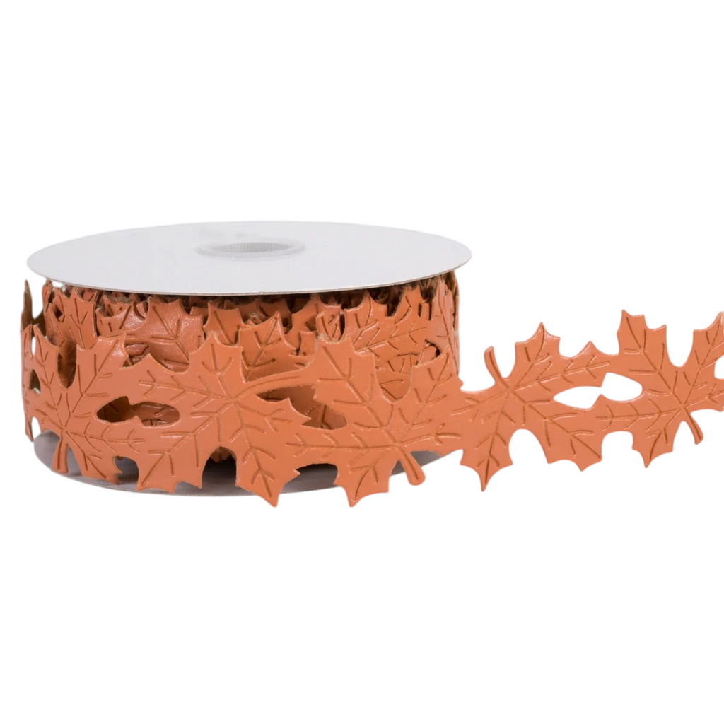 The Matthew John Collective terracotta orange faux leather ribbon with die-cut maple leaf pattern and embossed veins.