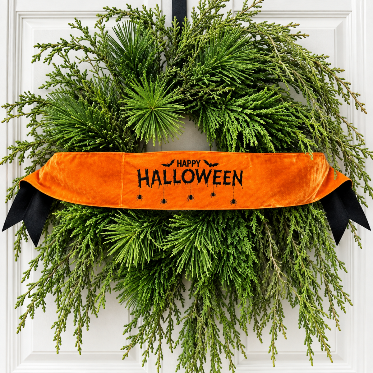 The Matthew John Collective orange satin Halloween wreath banner with black embroidery, bats, and spiders on a wreath.