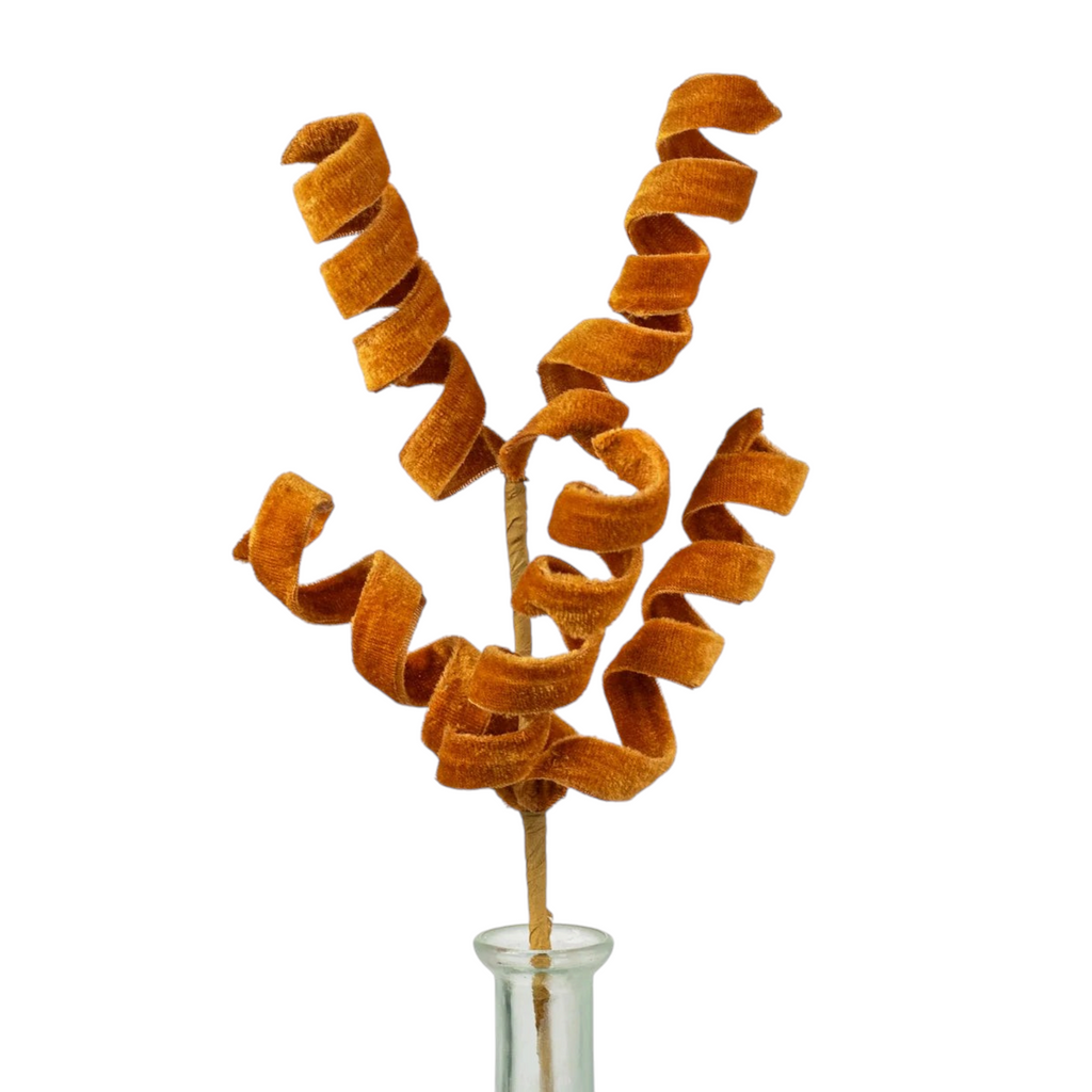 The Matthew John Collective harvest orange velvet curly floral spray with five adjustable wired spirals for fall decor