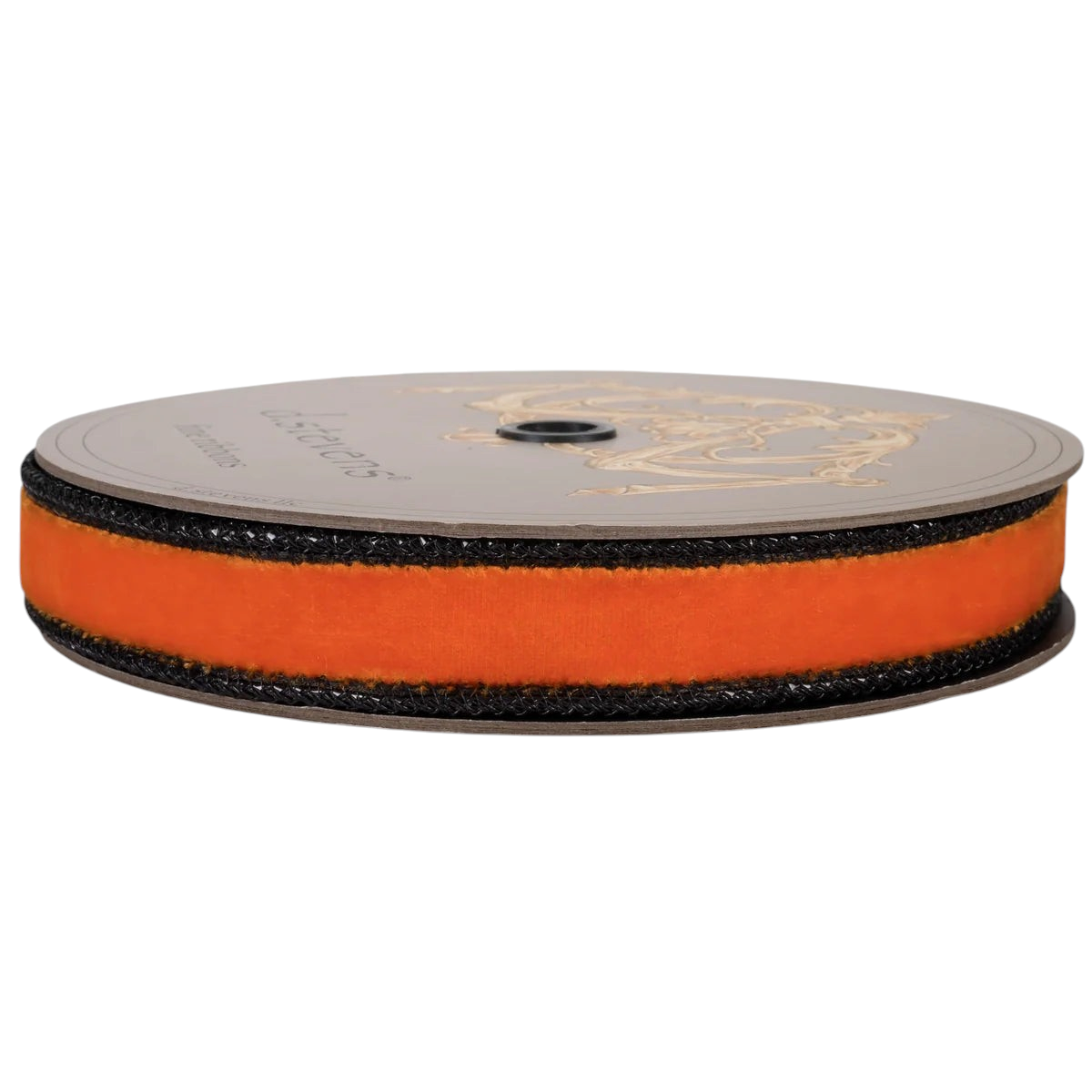 The Matthew John Collective D. Stevens orange velvet and black metallic dupioni wired ribbon on a spool with braided trim