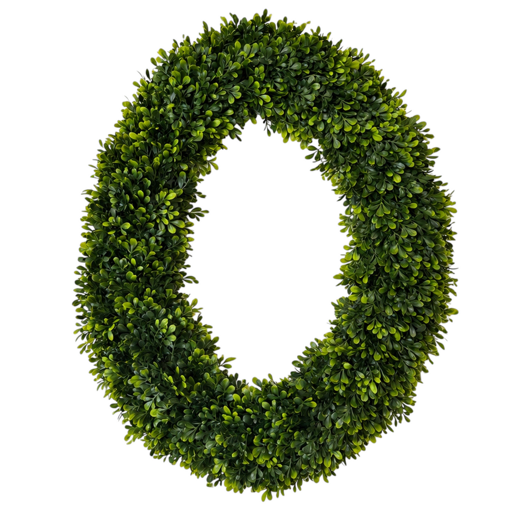 The Matthew John Collective 24x30 inch oval artificial boxwood wreath with lush, multi-tonal green foliage.