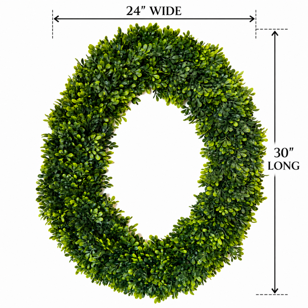 The Matthew John Collective 24x30 inch oval artificial boxwood wreath with lush green foliage on a white background.