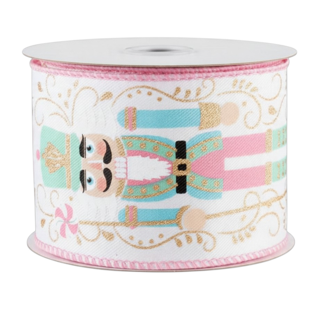 The Matthew John Collective pastel nutcracker wired ribbon on a white canvas background with pink stitched edges.