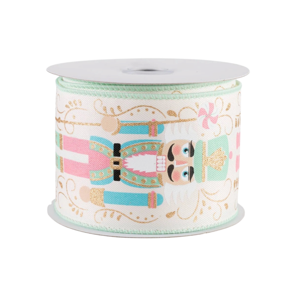 The Matthew John Collective pastel nutcracker wired ribbon on an ivory canvas roll with mint green stitched edges