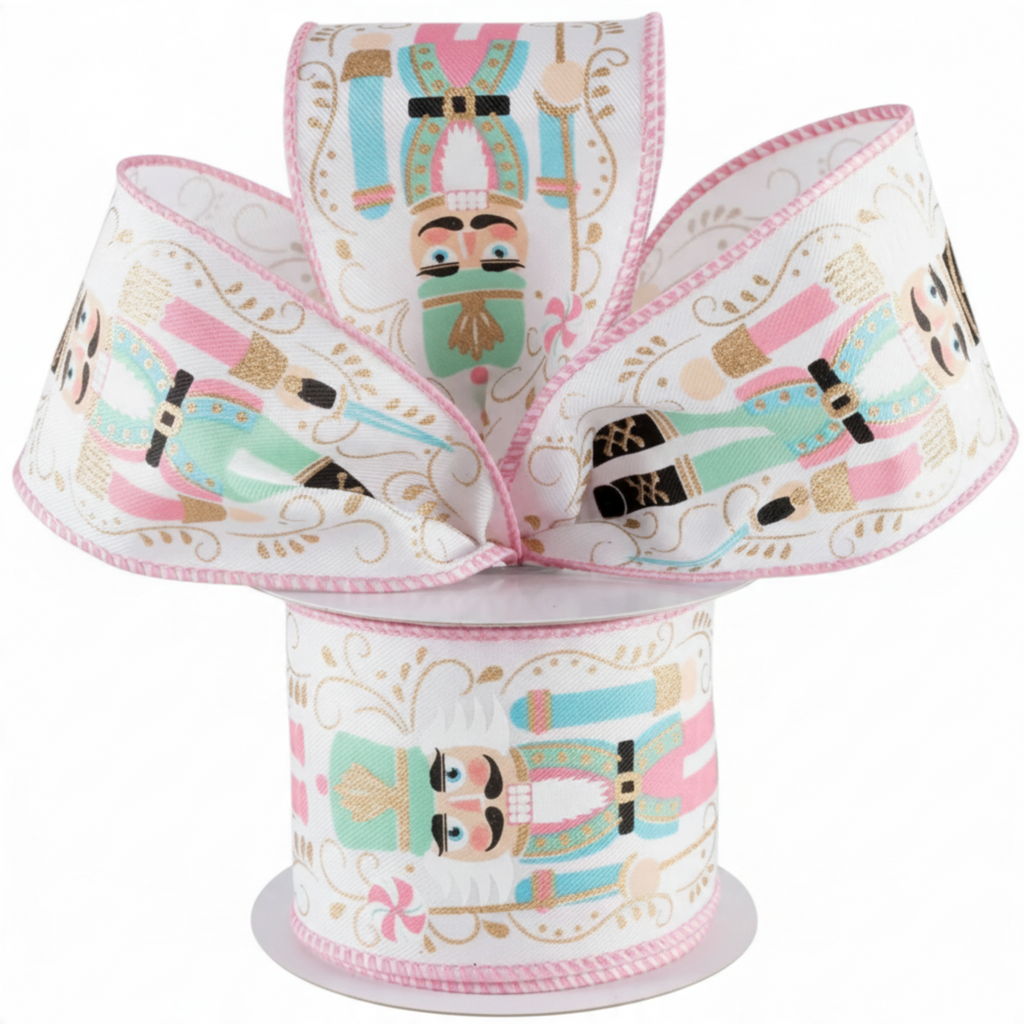 The Matthew John Collective pastel nutcracker wired ribbon with pink, mint, and blue soldiers on a white canvas roll.