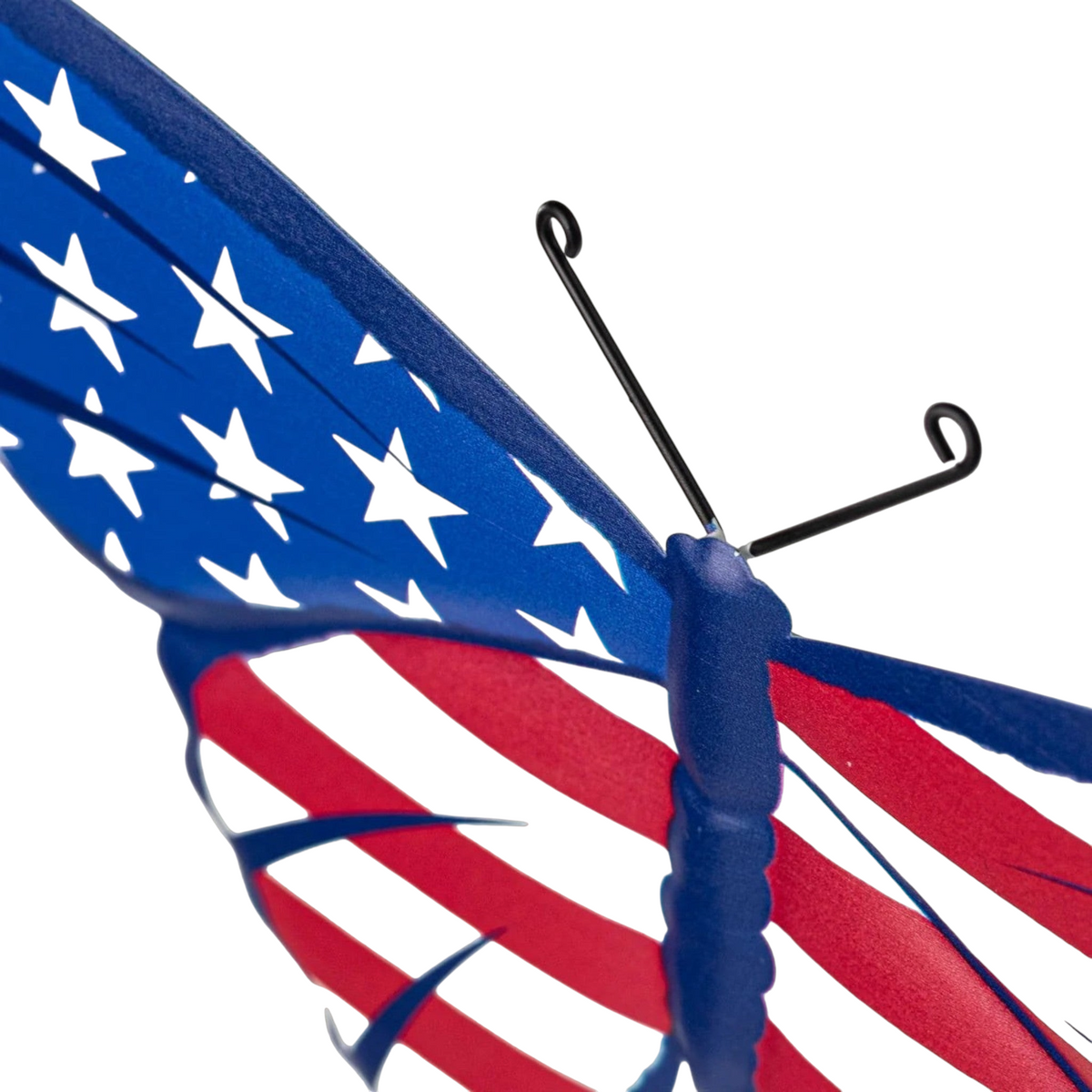 The Matthew John Collective patriotic metal swallowtail butterfly sign with red, white, and blue flag pattern.