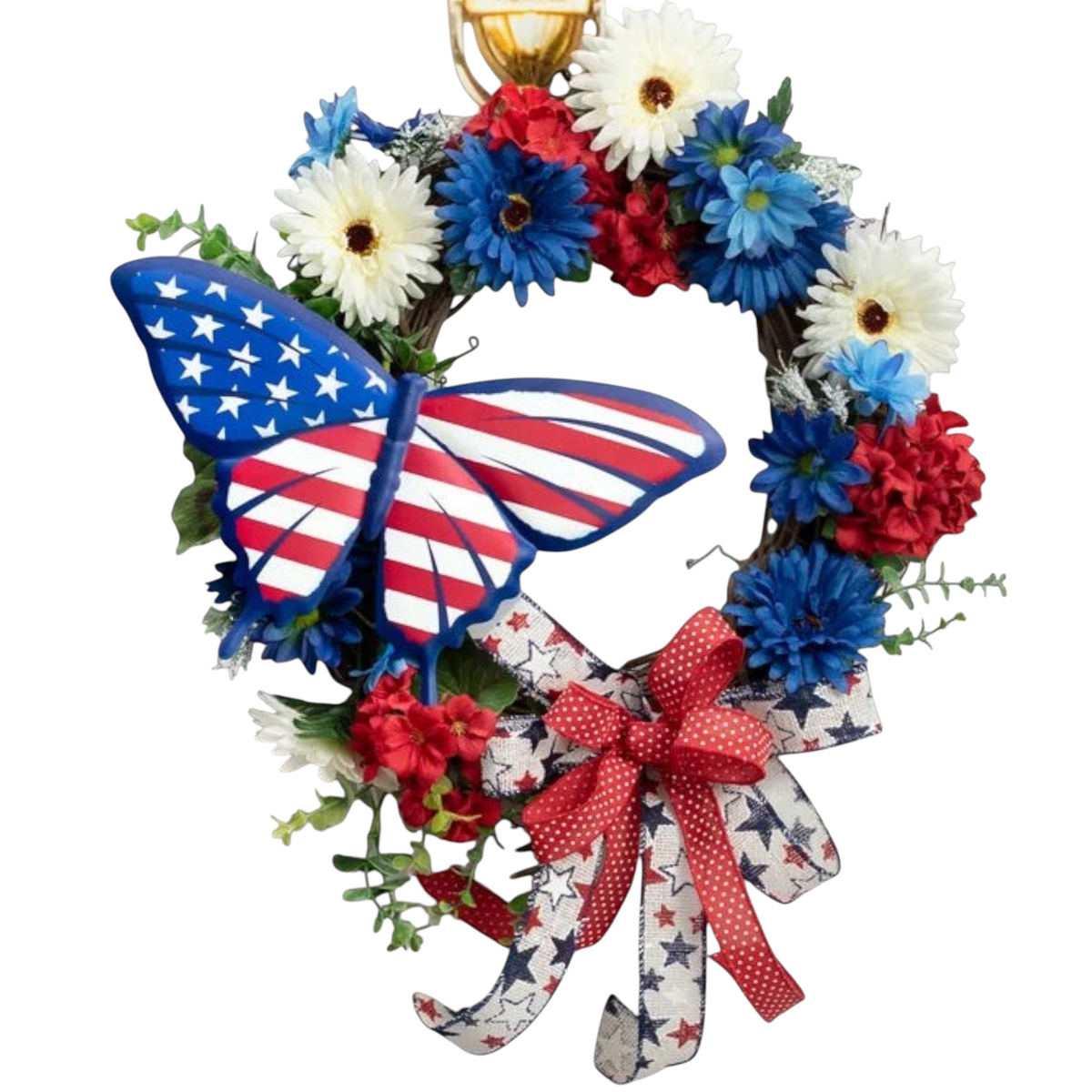 The Matthew John Collective patriotic swallowtail butterfly metal sign on a red, white, and blue floral wreath.