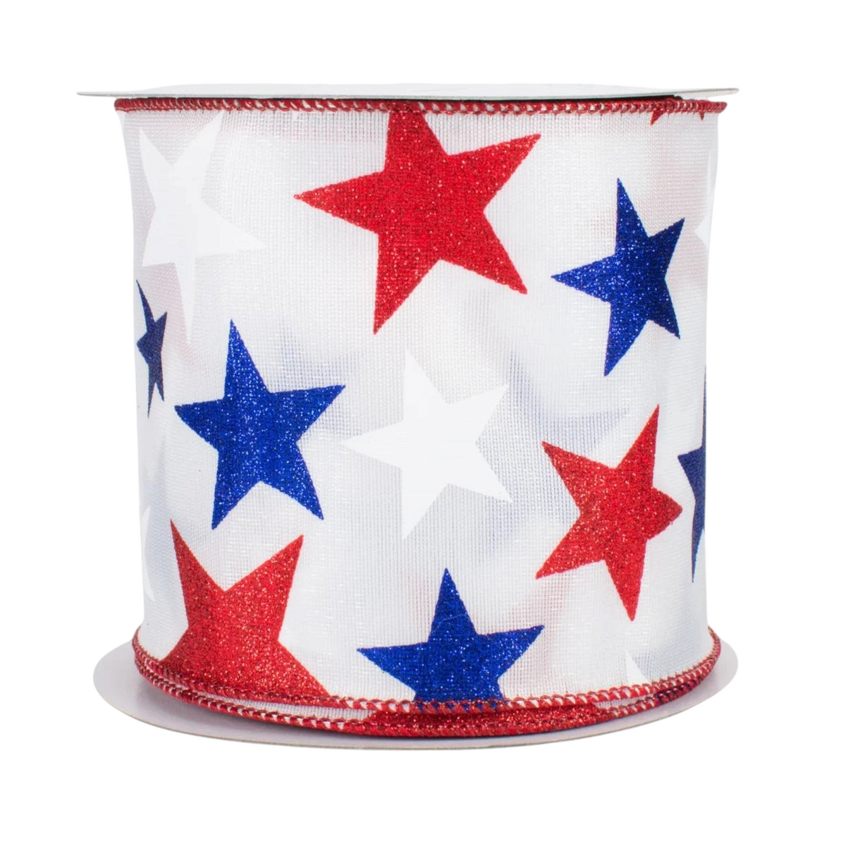 The Matthew John Collective 4-inch patriotic satin ribbon with red and blue glitter stars and wired red stitched edges.
