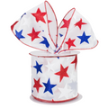 The Matthew John Collective 4-inch wide patriotic satin ribbon with red, white, and blue glitter stars and wired edges.