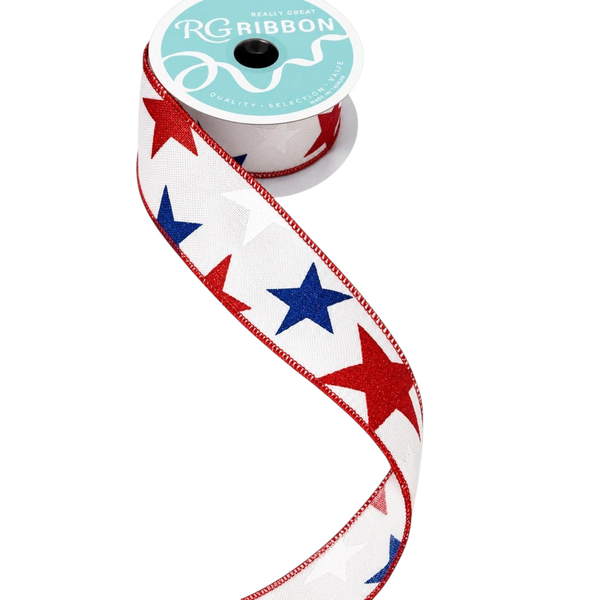 The Matthew John Collective 1.5 inch wire-edged ribbon with red, white, and blue glitter stars on a white background.