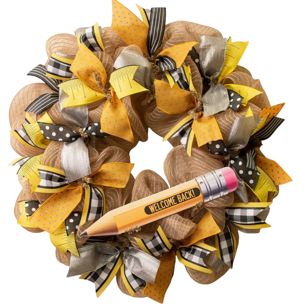 The Matthew John Collective Welcome Back to School pencil sign on a decorative burlap and ribbon classroom wreath