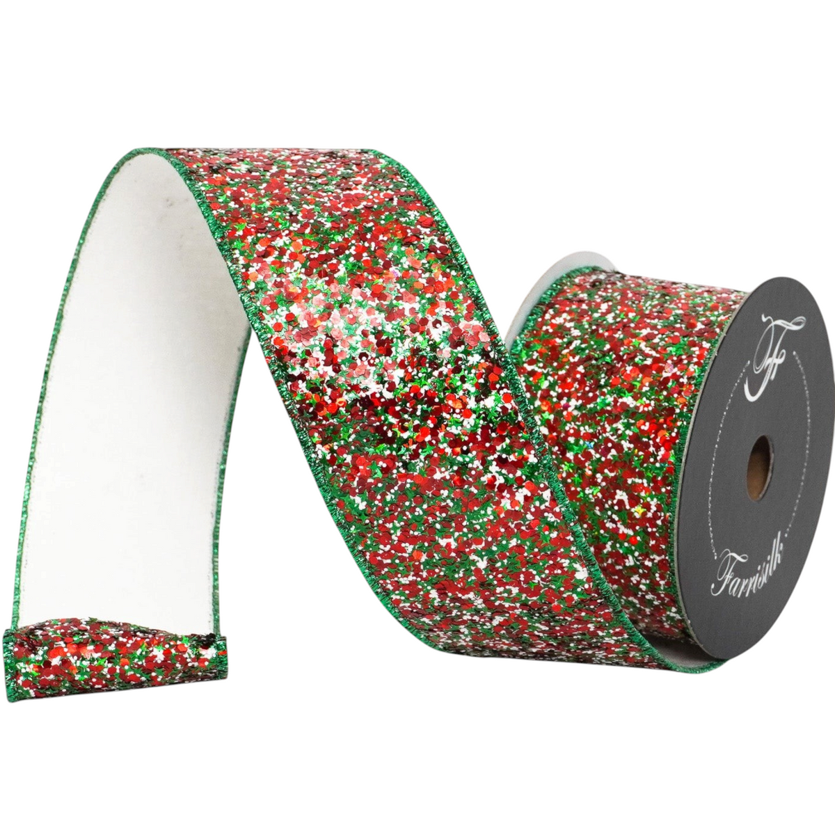The Matthew John Collective Farrisilk Beyond Peppermint holiday ribbon with red, green, and white glitter confetti