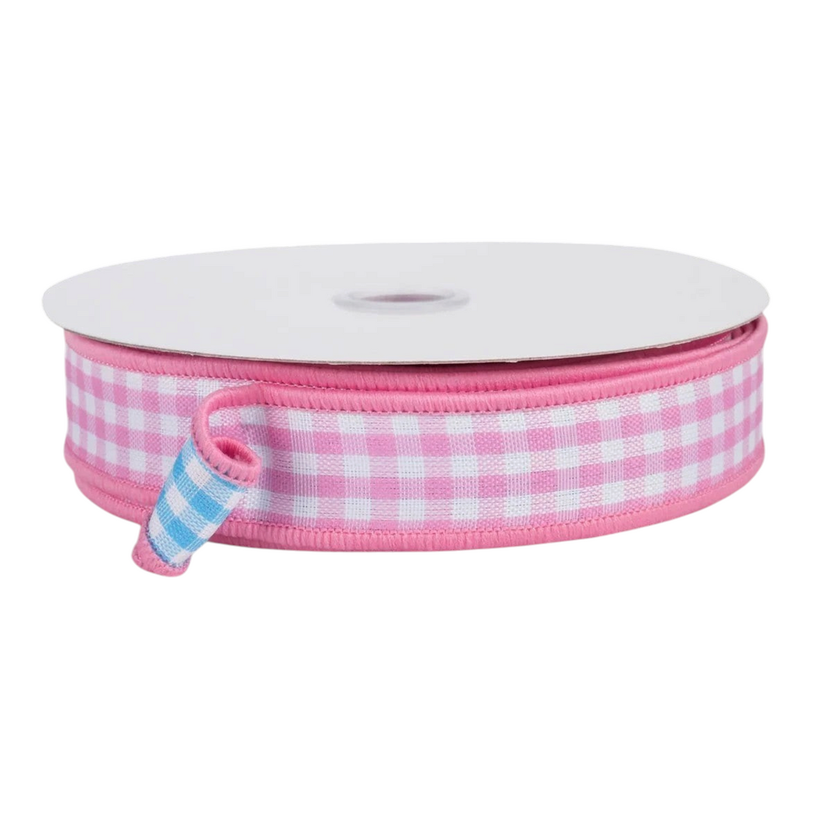 The Matthew John Collective pink and blue double-sided gingham wired canvas ribbon on a roll for spring crafts.