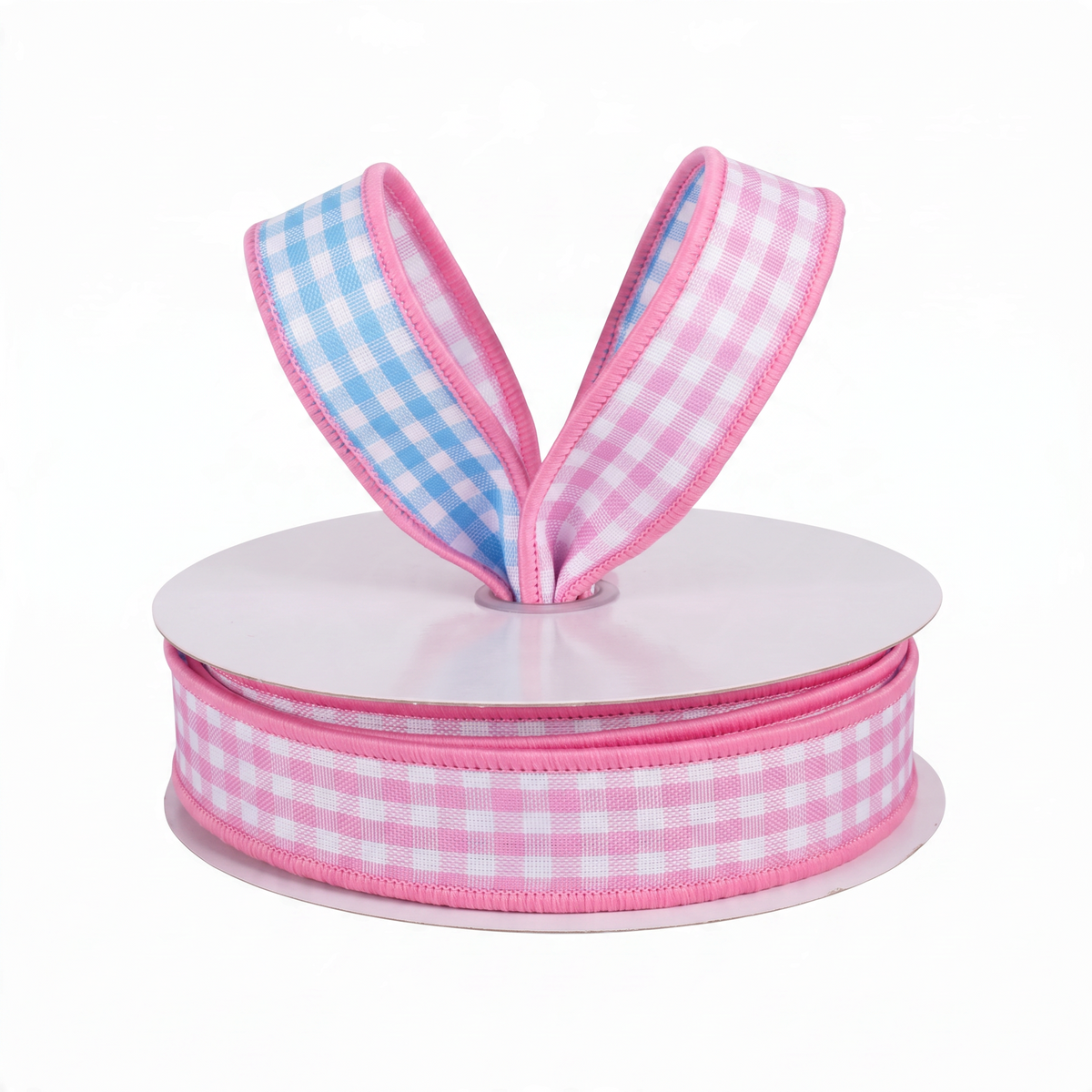 The Matthew John Collective pink and blue double-sided gingham wired canvas ribbon on a spool for spring crafts
