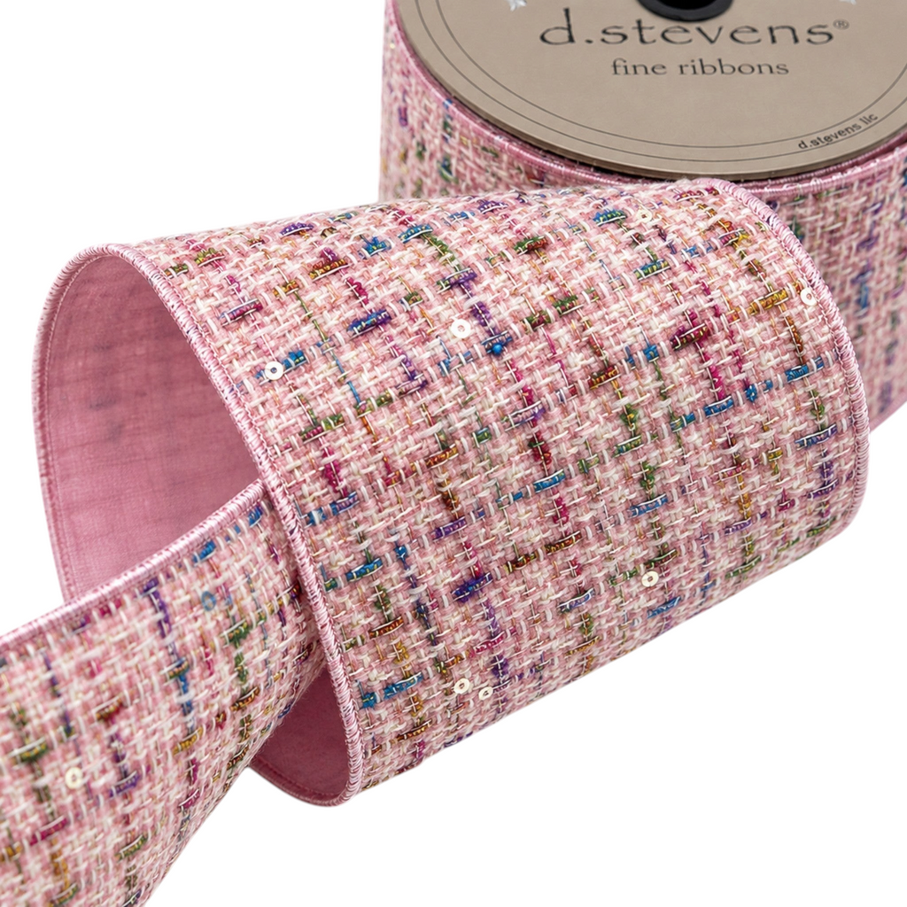 The Matthew John Collective D. Stevens pink boucle designer ribbon with multi-colored thread accents and subtle sequins.