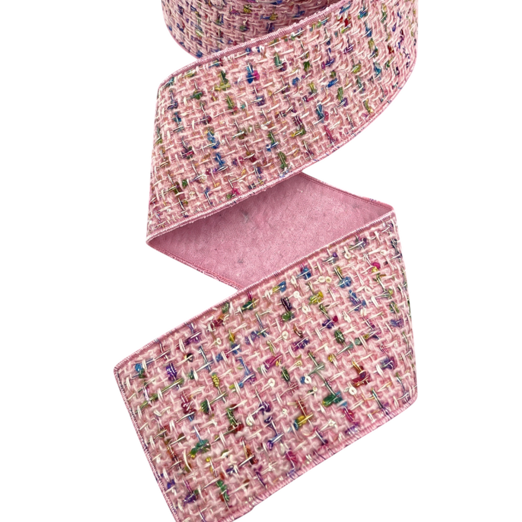 The Matthew John Collective D. Stevens pink boucle designer ribbon with multi-colored thread accents and shimmering sequins