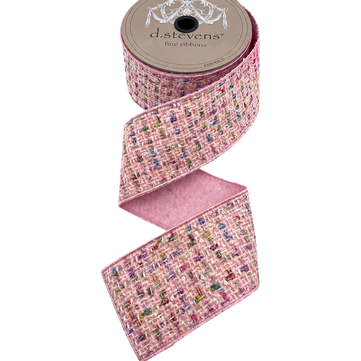 The Matthew John Collective D. Stevens pink boucle ribbon with multi-colored thread accents and shimmering sequins.