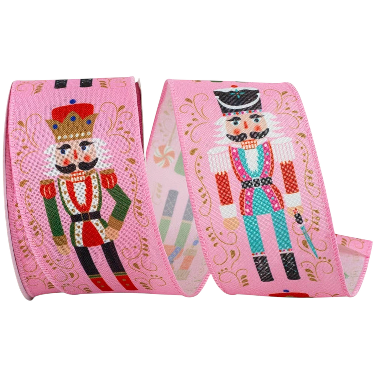 The Matthew John Collective pink wired edge ribbon featuring festive nutcracker figures and gold scrollwork patterns.