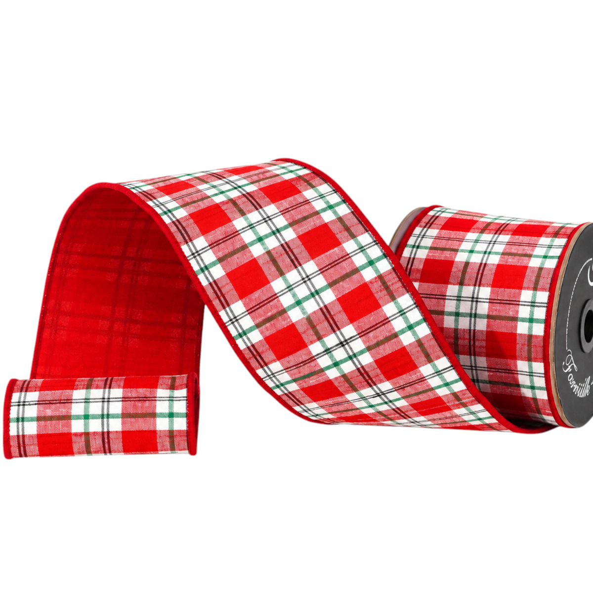 The Matthew John Collective Farrisilk 4-inch wide red, white, and black plaid designer Christmas ribbon on a roll.