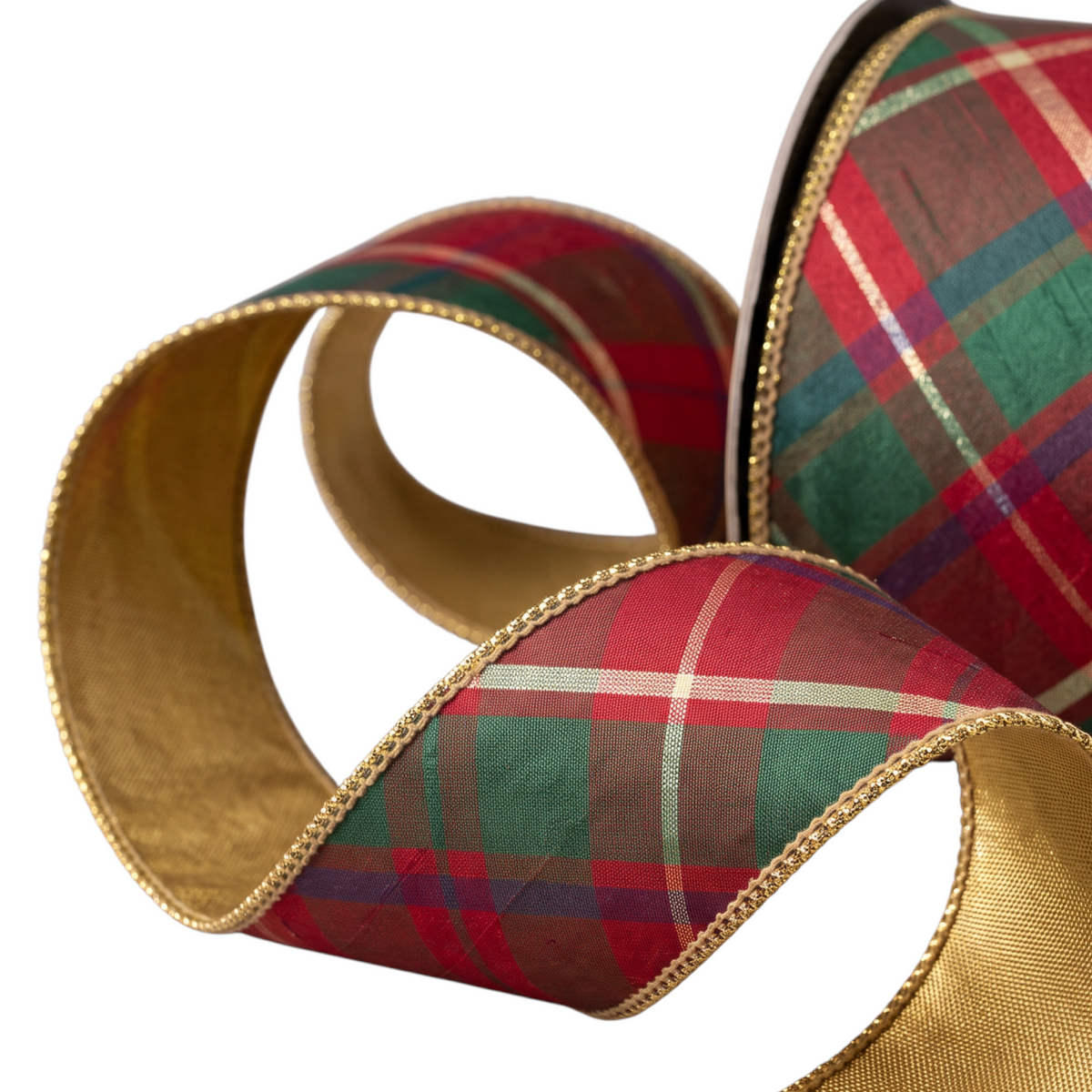 The Matthew John Collective 4-inch wired Christmas ribbon with red, green, and gold plaid front and gold metallic back.