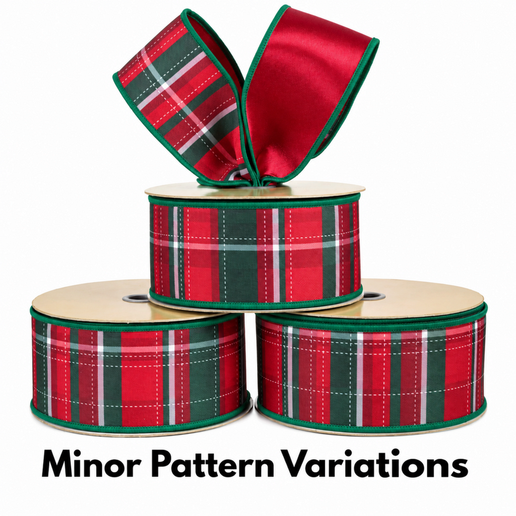 The Matthew John Collective red and green plaid wired ribbon rolls with a reversible solid red satin finish.