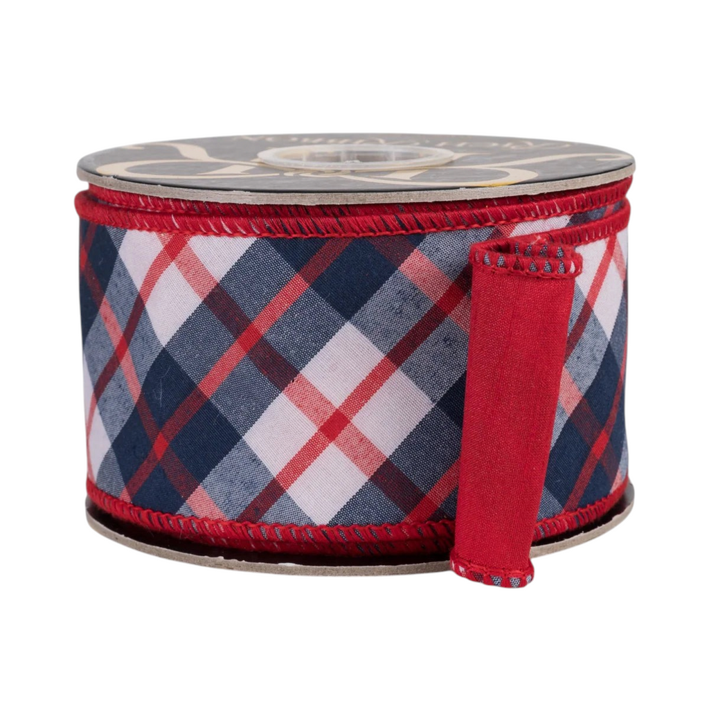 The Matthew John Collective navy blue, white, and red diagonal plaid wired dupioni ribbon with solid red backing.
