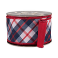 The Matthew John Collective navy blue, white, and red diagonal plaid wired dupioni ribbon with solid red backing.