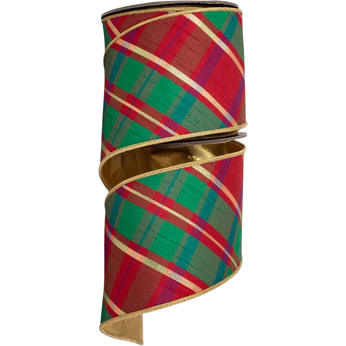 The Matthew John Collective red and green diagonal plaid wired Christmas ribbon with gold metallic trim.