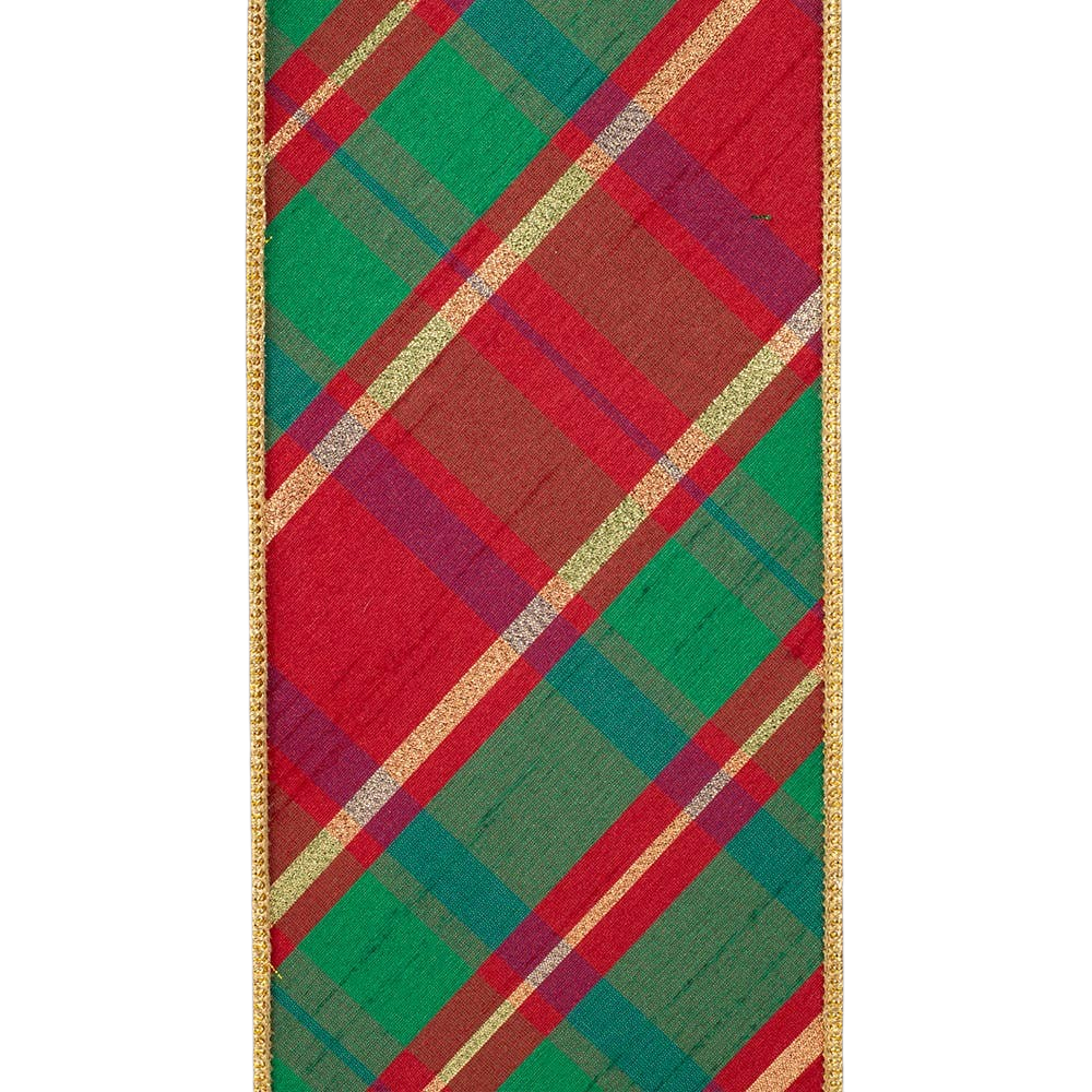 The Matthew John Collective red and green diagonal plaid wired Christmas ribbon with gold metallic threading.