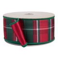 The Matthew John Collective red and green plaid wired ribbon with a solid red satin reverse on a spool.