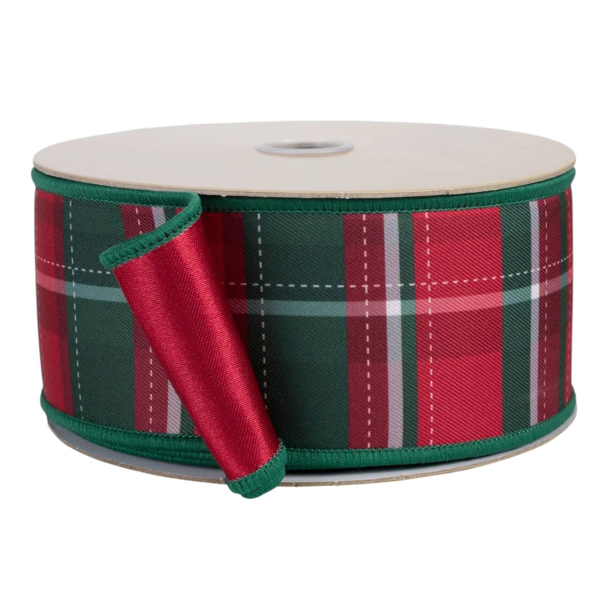 The Matthew John Collective red and green plaid wired ribbon with a solid red satin reverse on a spool.