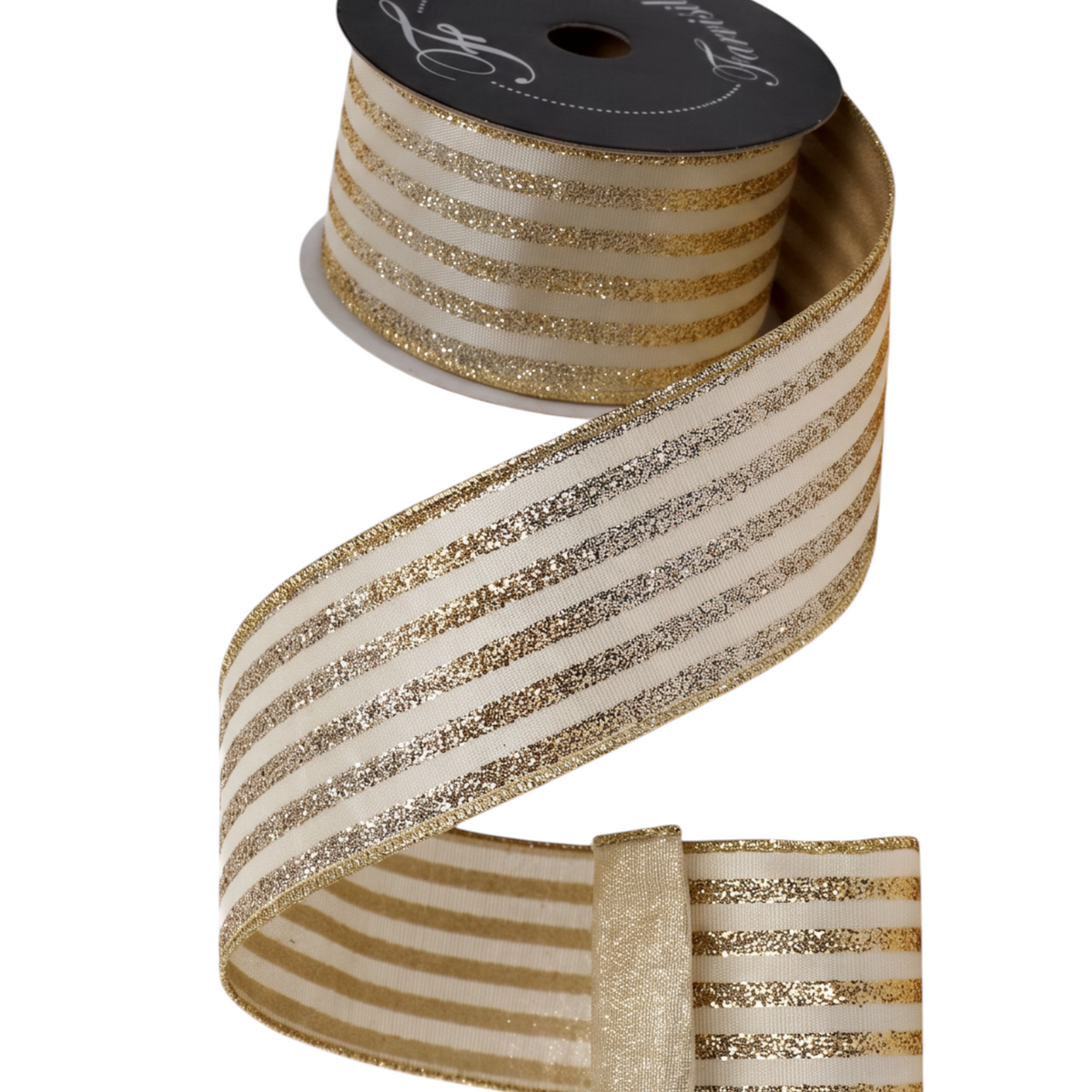 The Matthew John Collective Farrisilk platinum and gold glitter striped wired holiday ribbon on a spool.