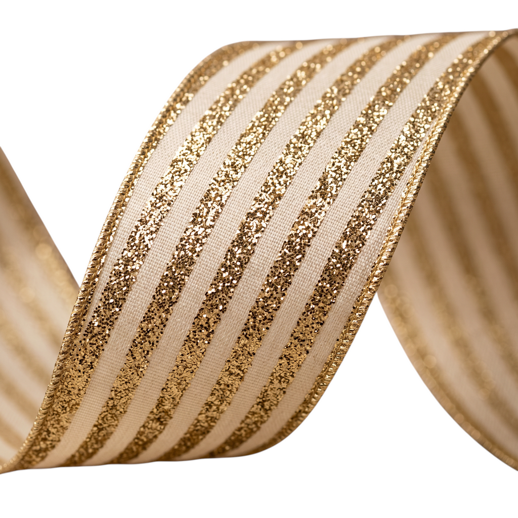 The Matthew John Collective Farrisilk platinum and gold glitter striped wired holiday ribbon for festive decor