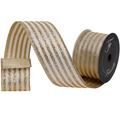 The Matthew John Collective Farrisilk platinum and gold glitter striped wired holiday ribbon on a spool.