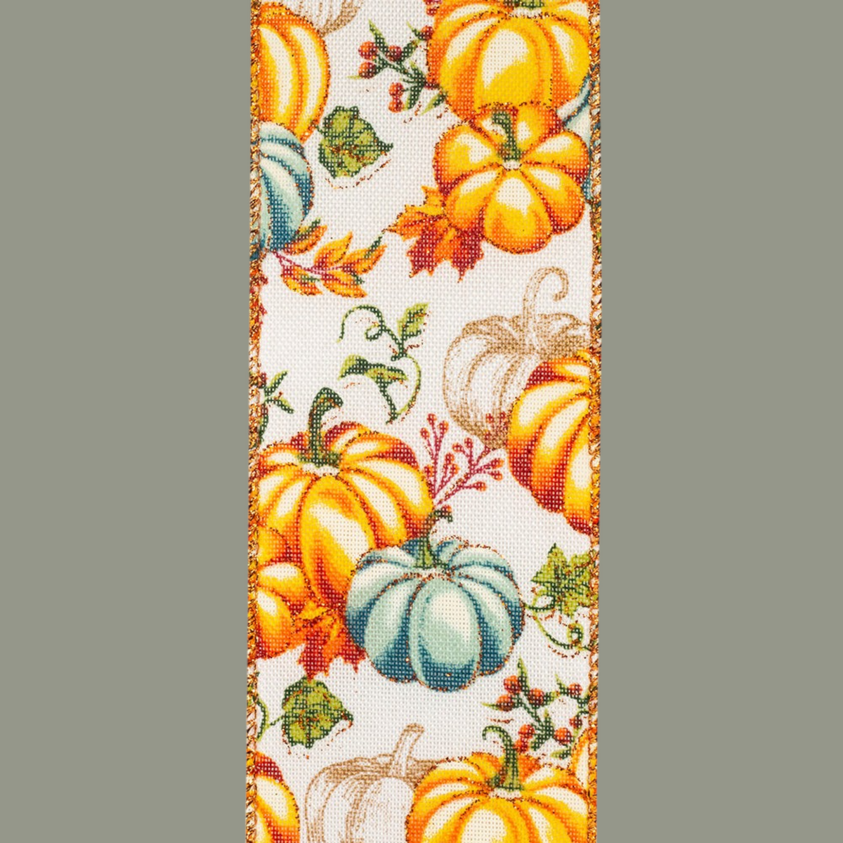 The Matthew John Collective 2.5-inch linen ribbon featuring a colorful pumpkin patch print with glittery wired edges.