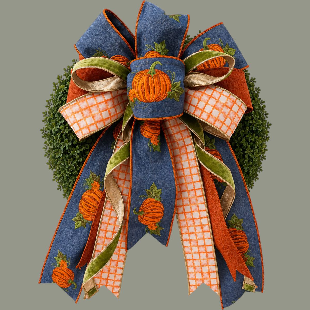 The Matthew John Collective embroidered pumpkin patch designer bow featuring denim blue fabric, orange pumpkins, and checkered ribbon on a wreath.