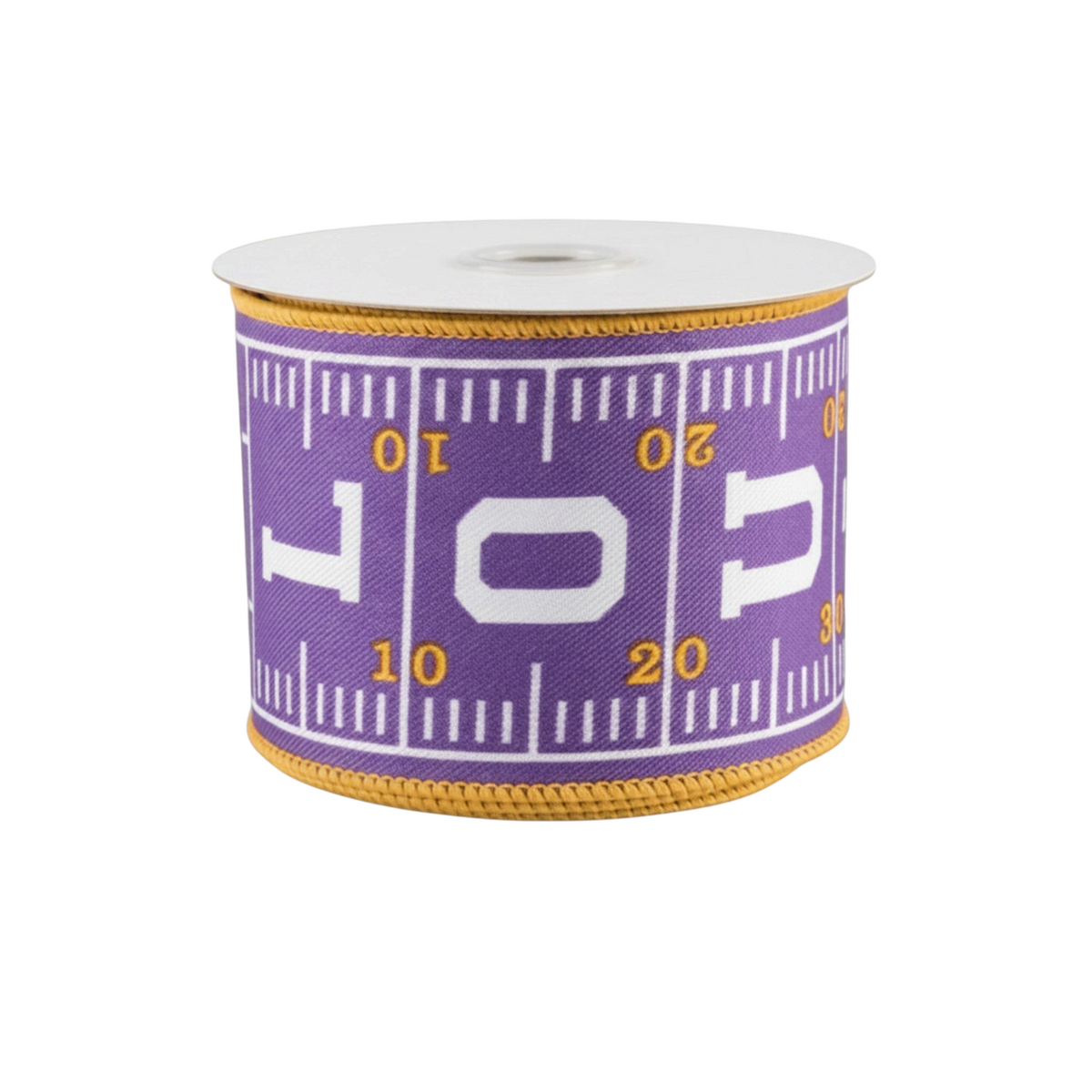 The Matthew John Collective 2.5 inch purple canvas ribbon with gold football field yardline print and wired edges