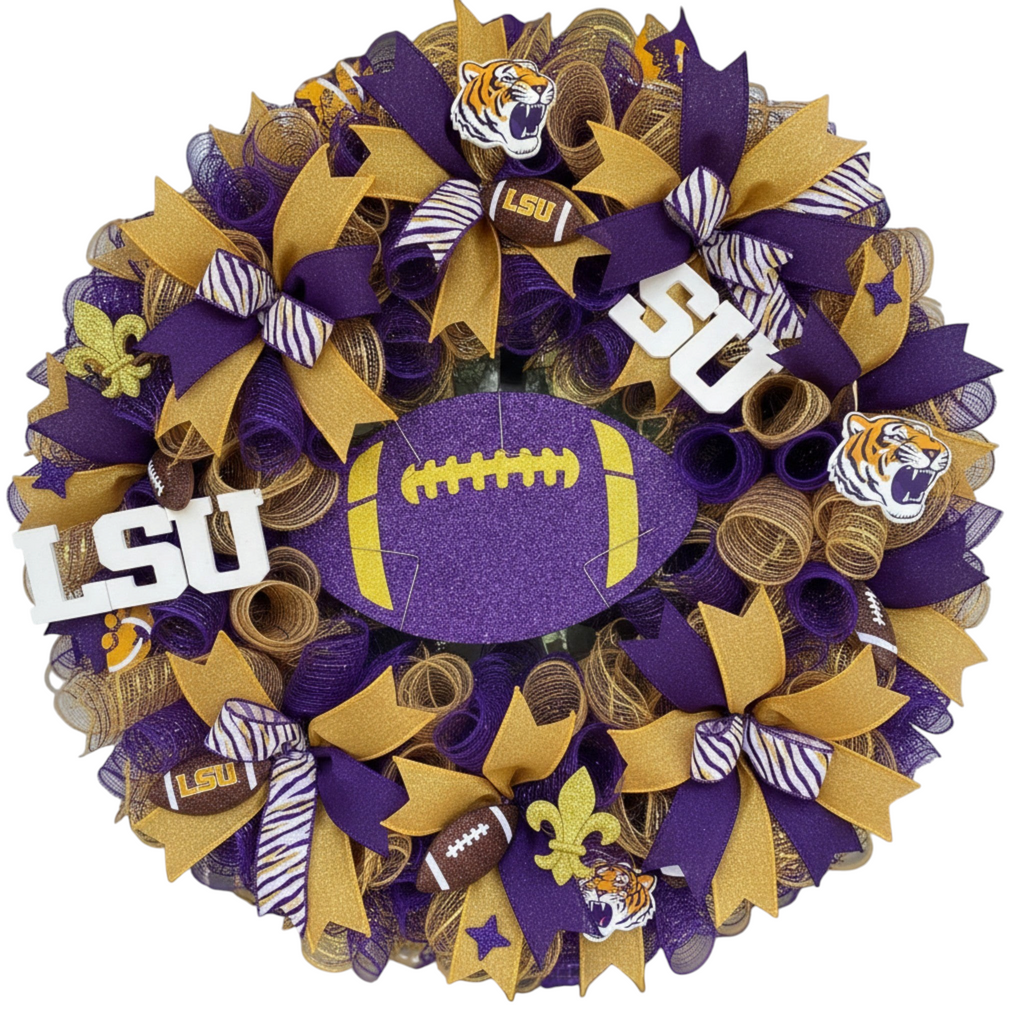 The Matthew John Collective purple and gold glitter football wreath with LSU team logos and tiger accents on a door.