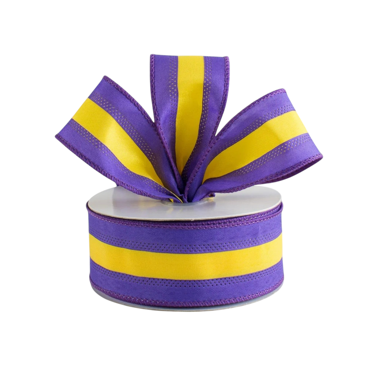 The Matthew John Collective 1.5 inch purple and gold striped satin ribbon with wired edges for team spirit decor.